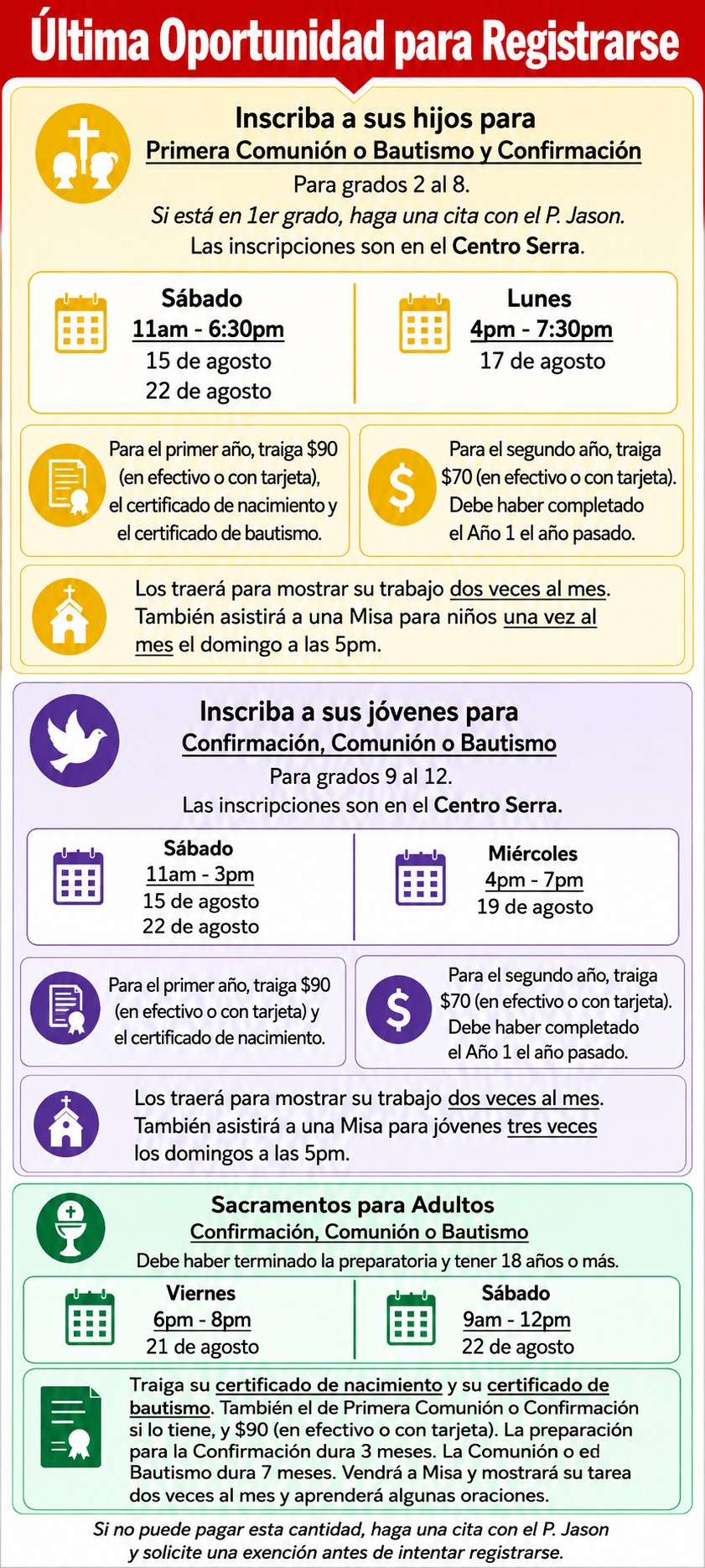 Spanish registration announcement for children, youth, and adults